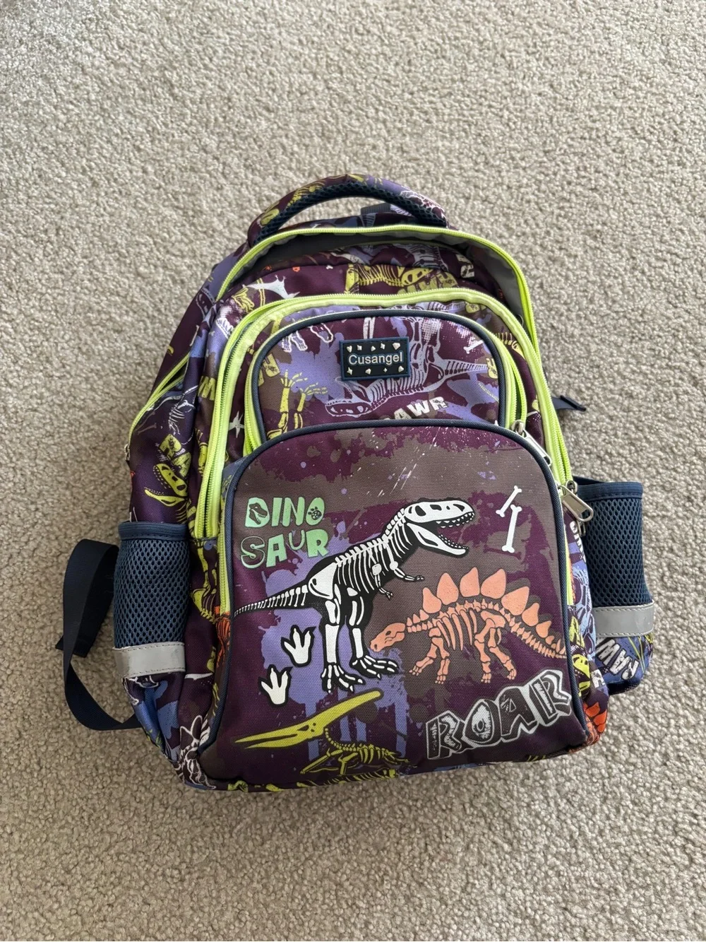 Kids' Purple Dinosaur Backpack with Lime Trim